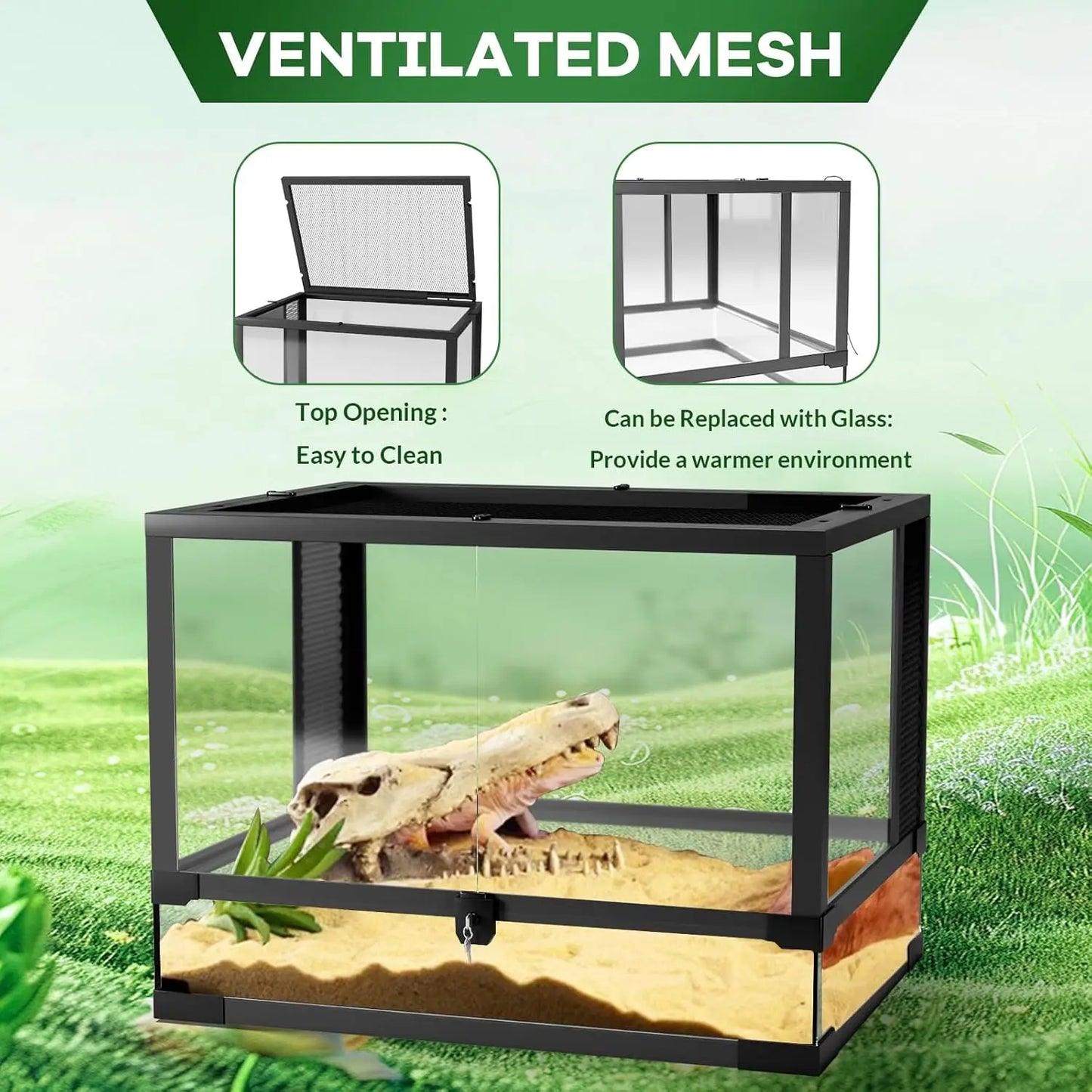HiMISSH Reptile Glass Terrarium With Top And Side Screen VentilationSecurityFeatures