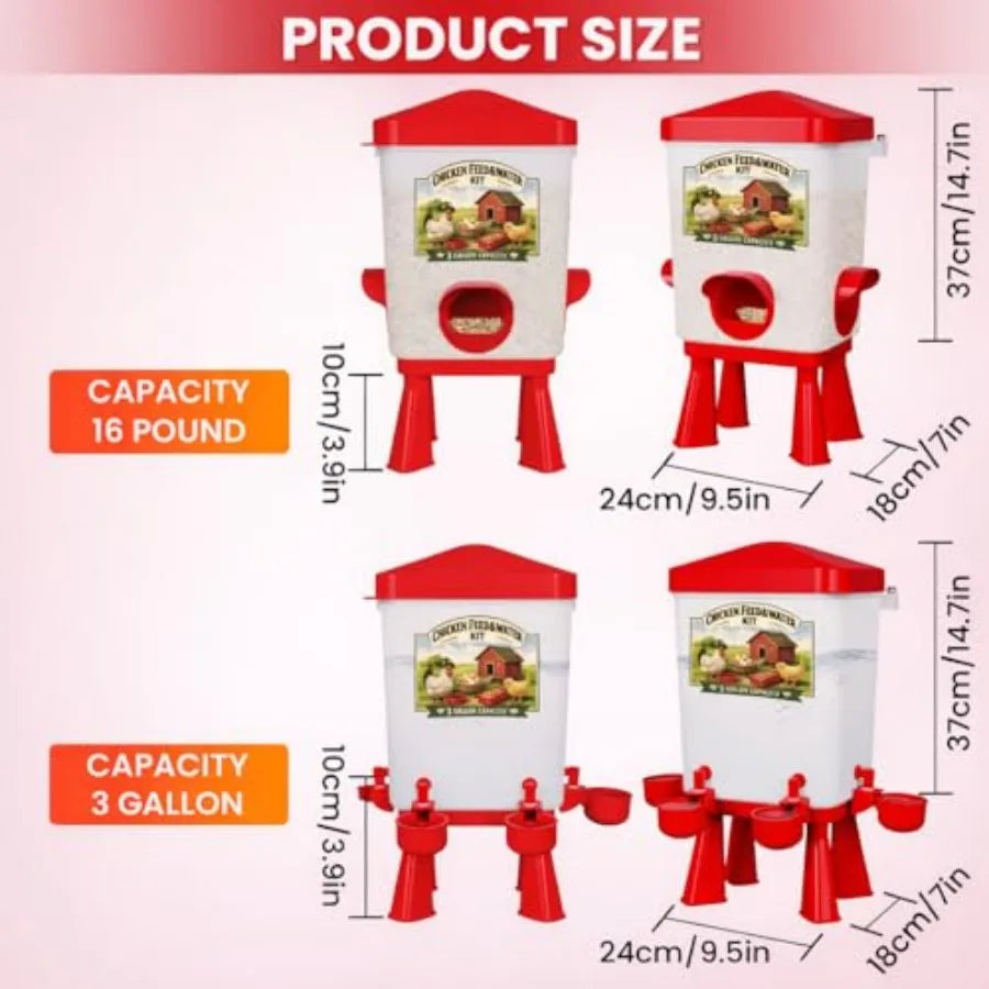 Automatic Poultry Feeder and Waterer Set With Hanging Option No Waste Ports