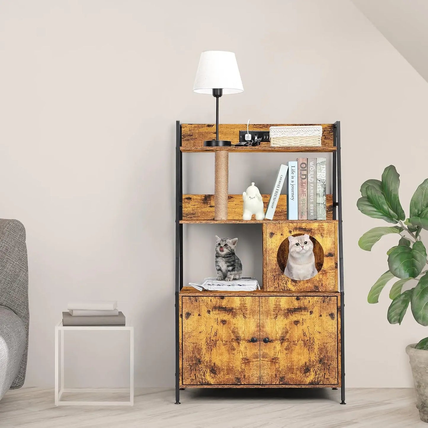 Closure Cat Litter Box Enclosure With Shelves And Charging Station