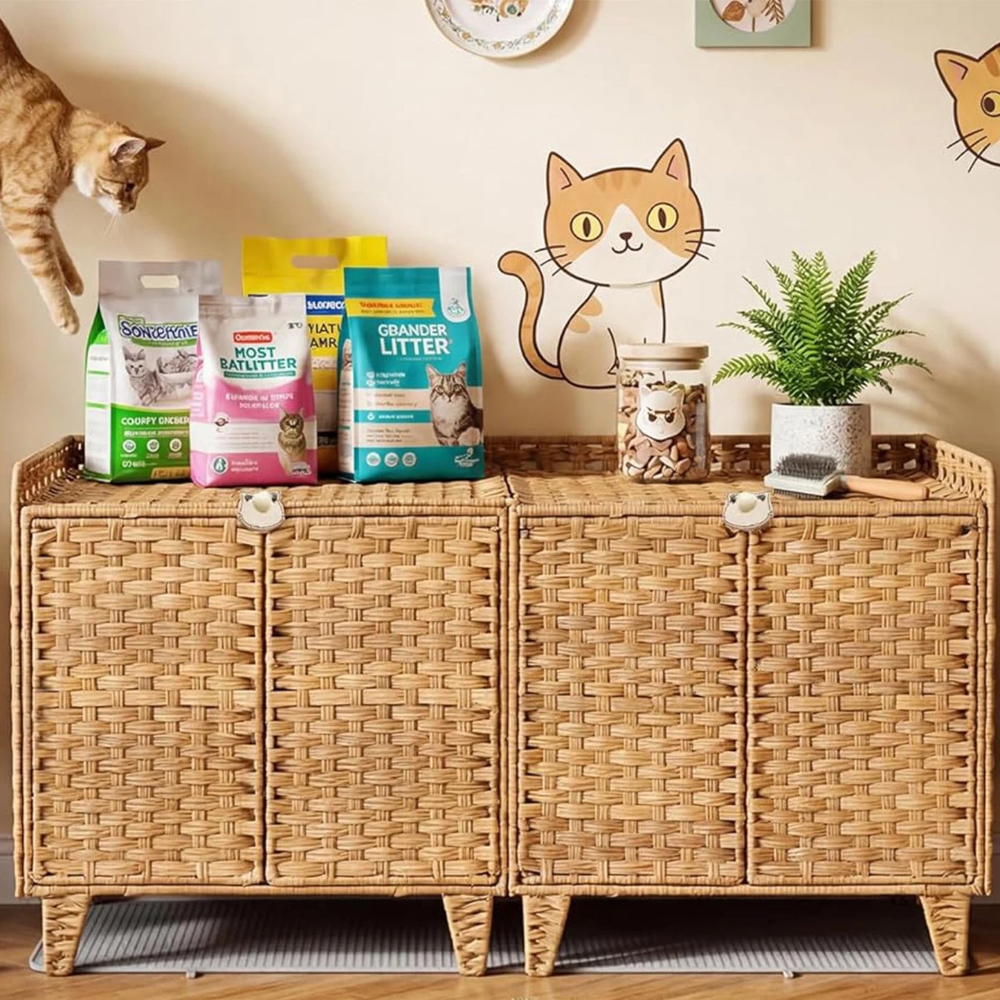 HiMISS Hidden Cat Litter Box Enclosure Handwoven Rattan Furniture