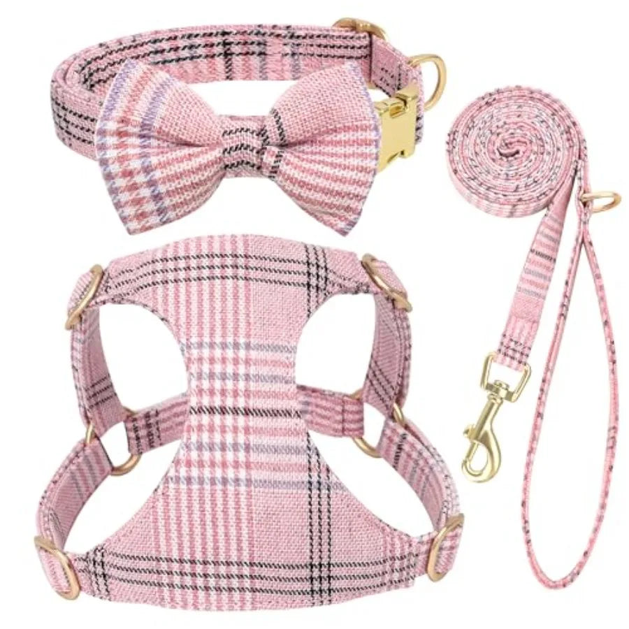 Dog Harness Collar And Leash Set With Bowtie For Pets