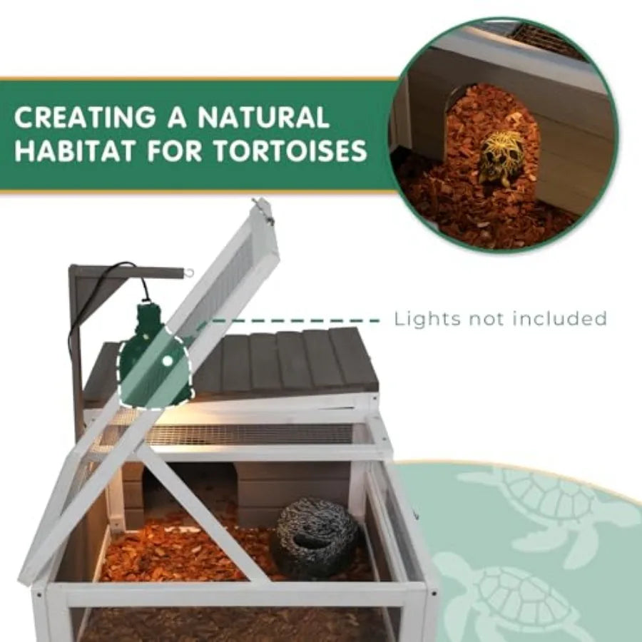 Tortoise Habitat Tank Indoor Outdoor Wooden Two-Room Enclosure With Wheels