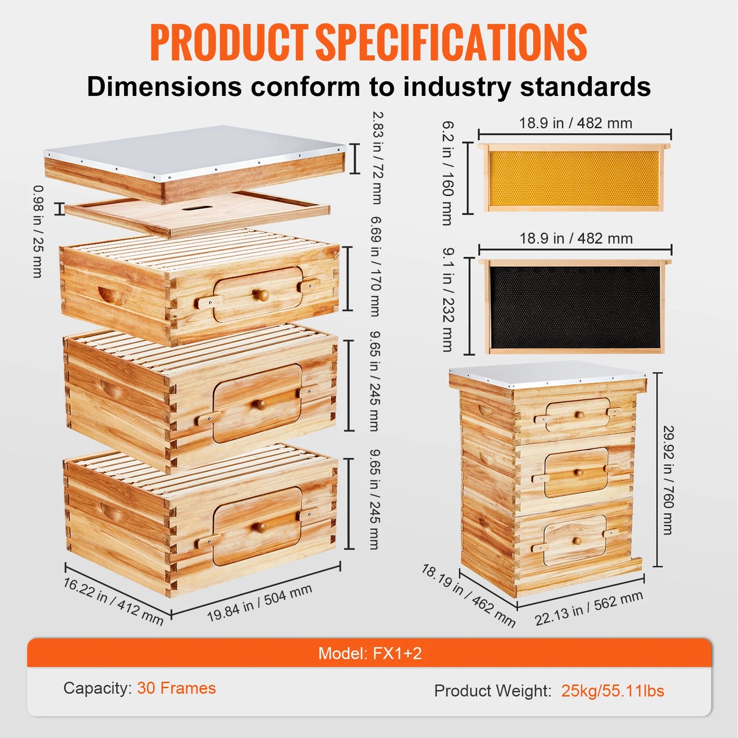 SucceBuy Natural Cedar Wood Langstroth Beehive Kit With Acrylic Windows