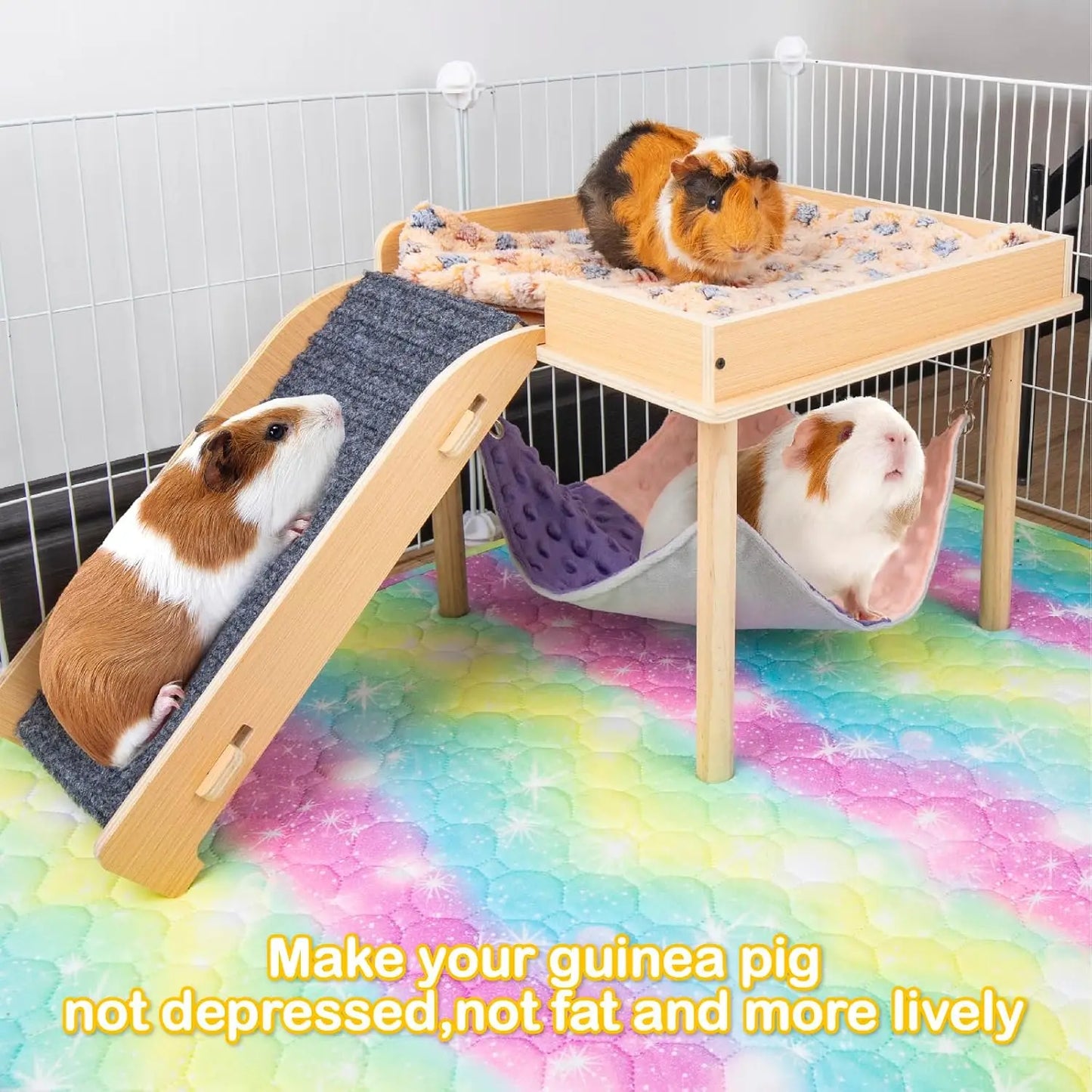 Hign-concerned Guinea Pig Hammock With Wooden Platform And Stairs HideoutForSmallAnimals