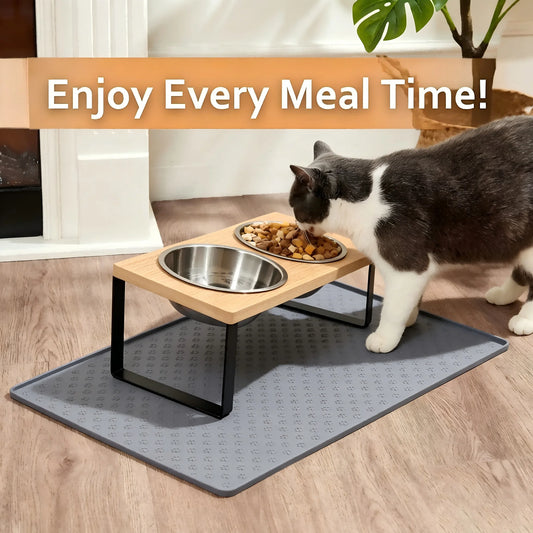 Elevated Tilted Cat Bowls With Wooden Stand And Stainless Steel Bowls