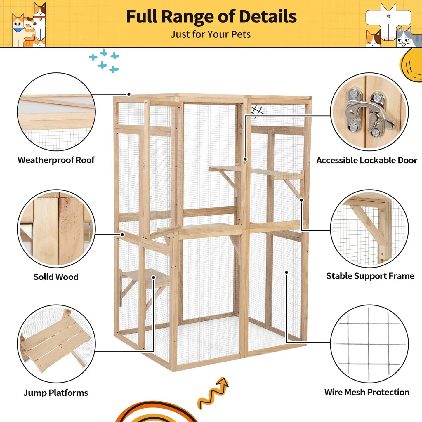 Wooden Outdoor Catio Enclosure With Window Access And Three Platforms