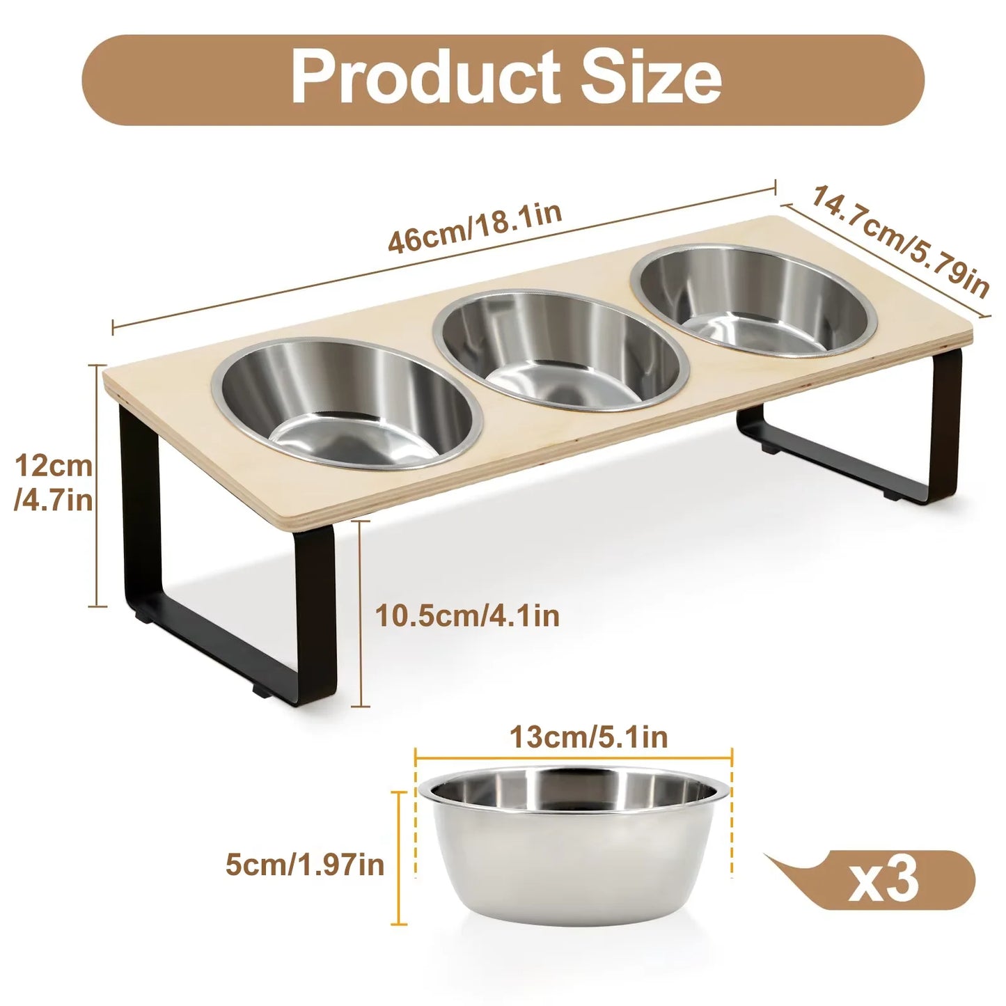 Elevated Cat Feeder With Tilted 15 Degree Stand And Stainless Steel Bowls