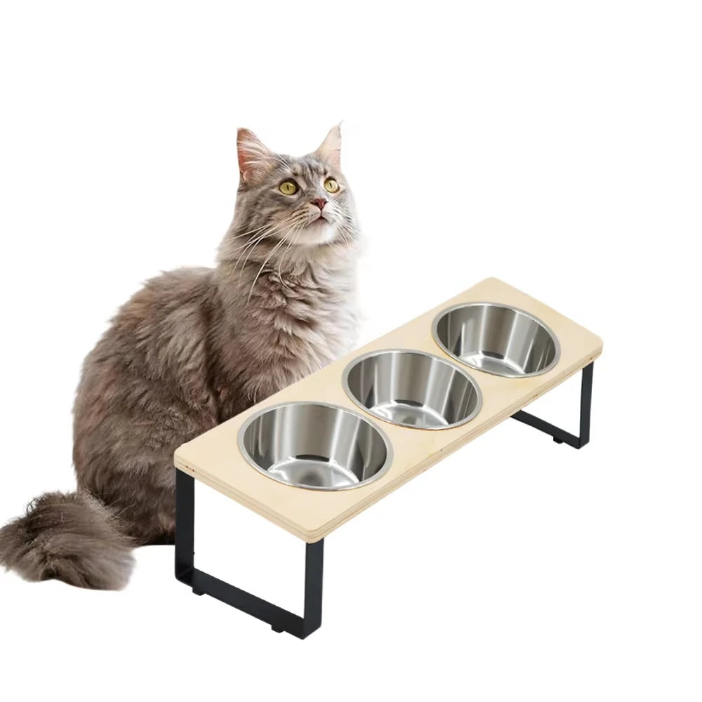 Elevated Cat Feeder With Tilted 15 Degree Stand And Stainless Steel Bowls