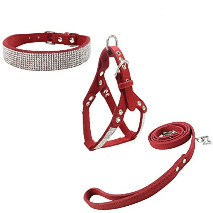 Dog Collar Harness And Lead Set Diamante With Leashes