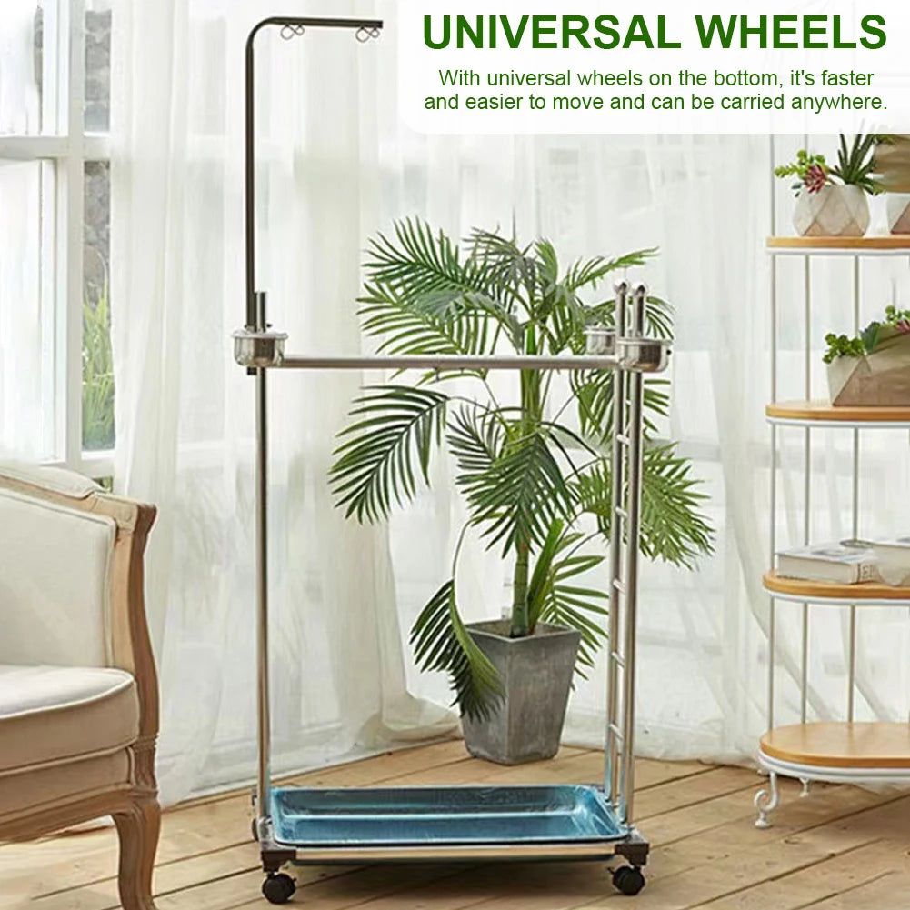 Shunmaii Metal Parrot Stand With Feeding Bowls Training Perch Wheels