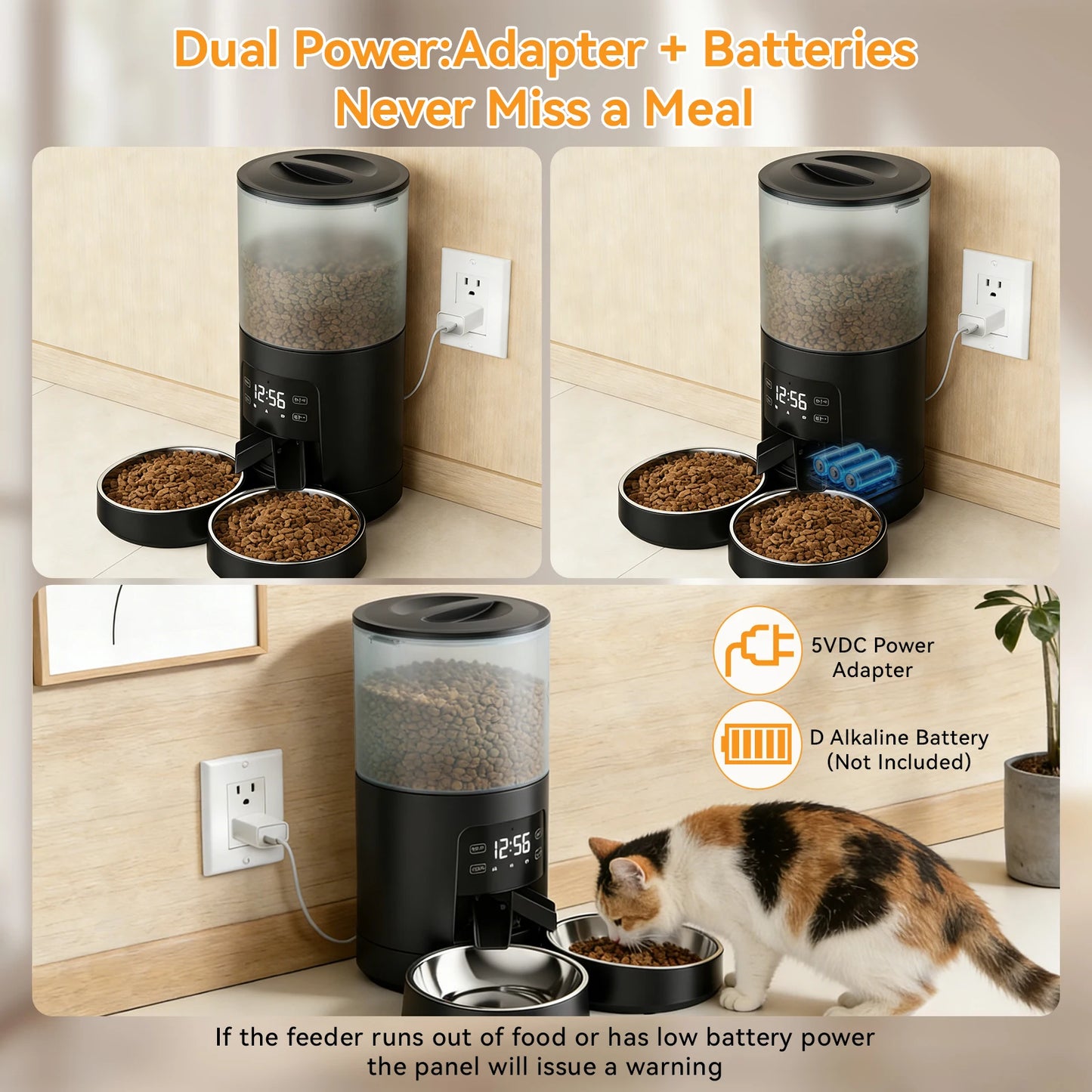 Automatic Cat Feeder Dual Power Supply With 2 Stainless Bowls