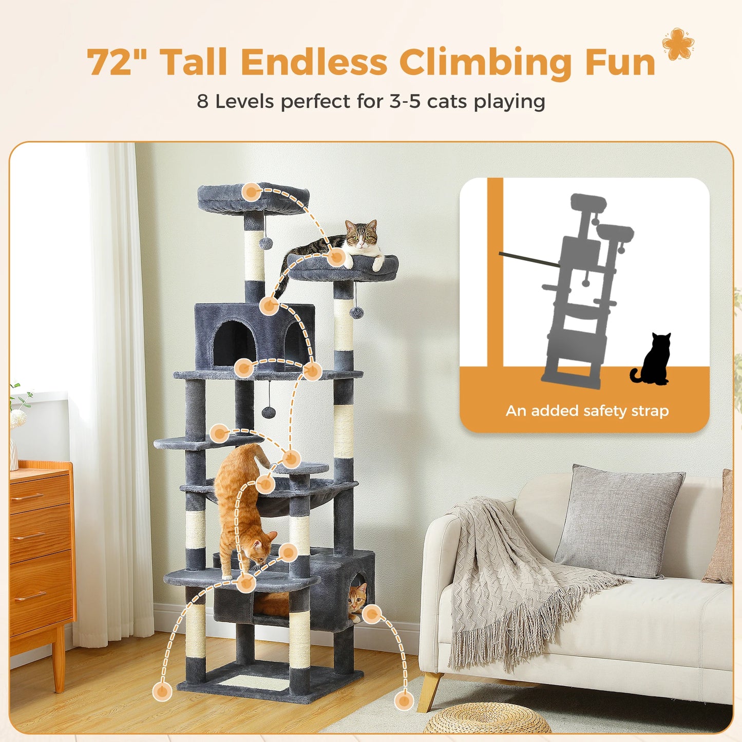 PEQULTI Multi Level Cat Tree Tower Scratching Posts Hammock Condo