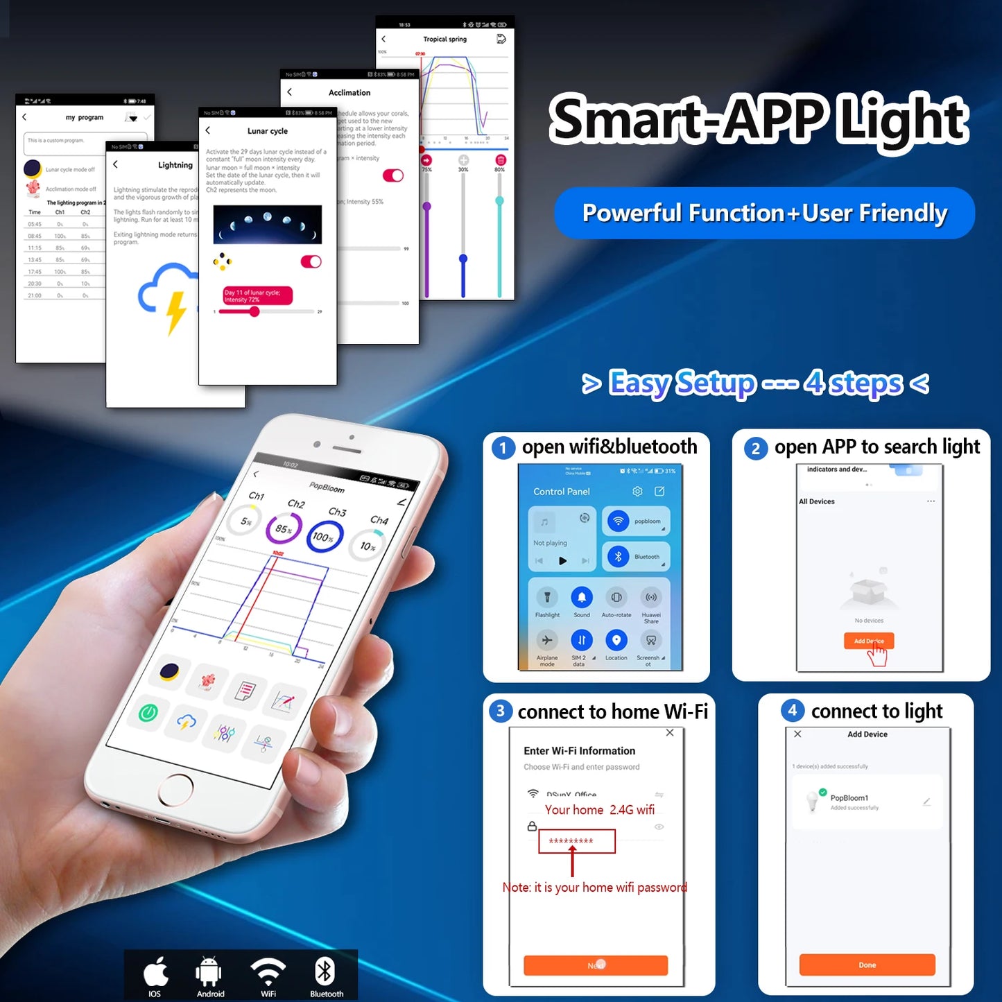 PopBloom WiFi Aquarium LED Light Full Spectrum Reef Tank