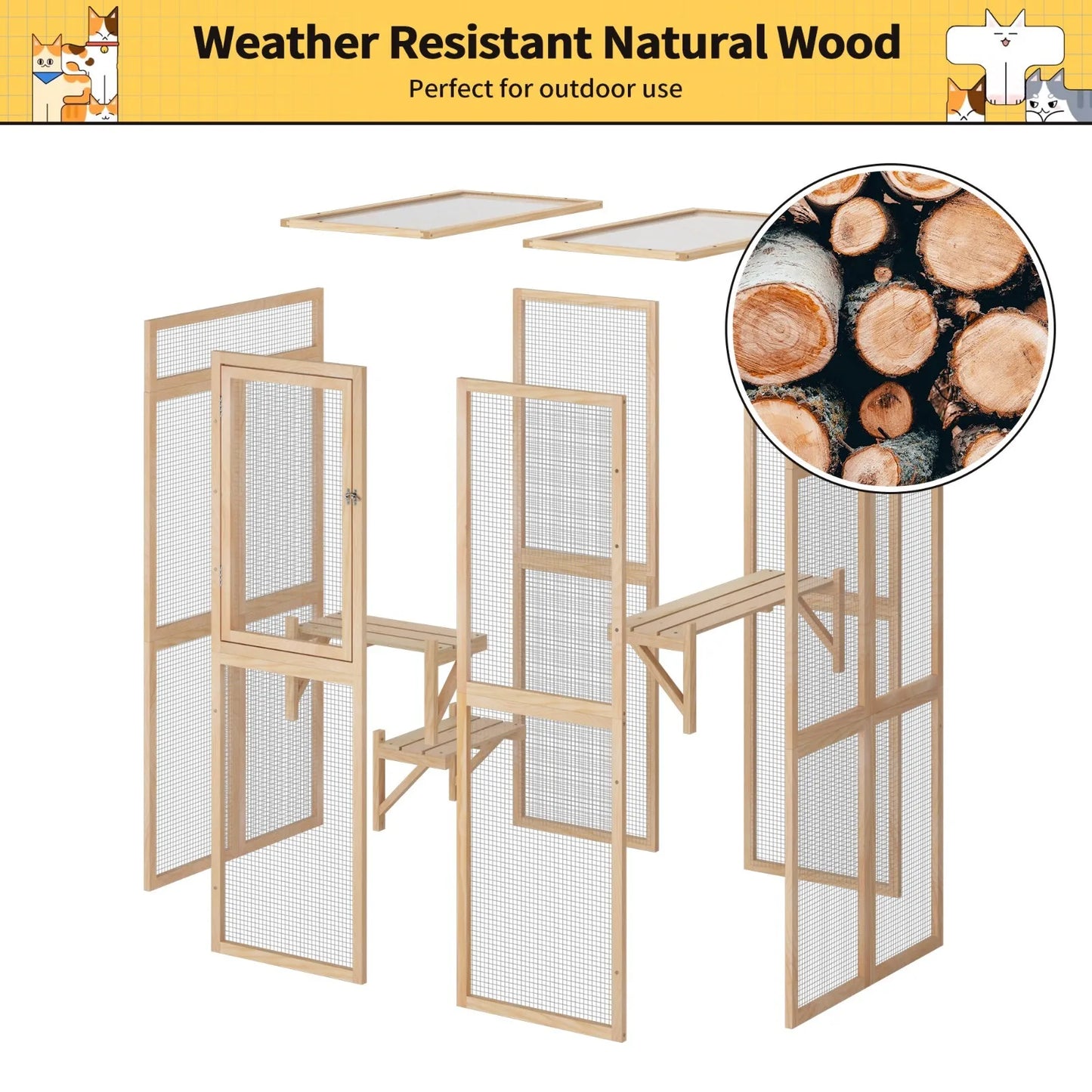 Wooden Outdoor Catio Enclosure With Window Access And Three Platforms