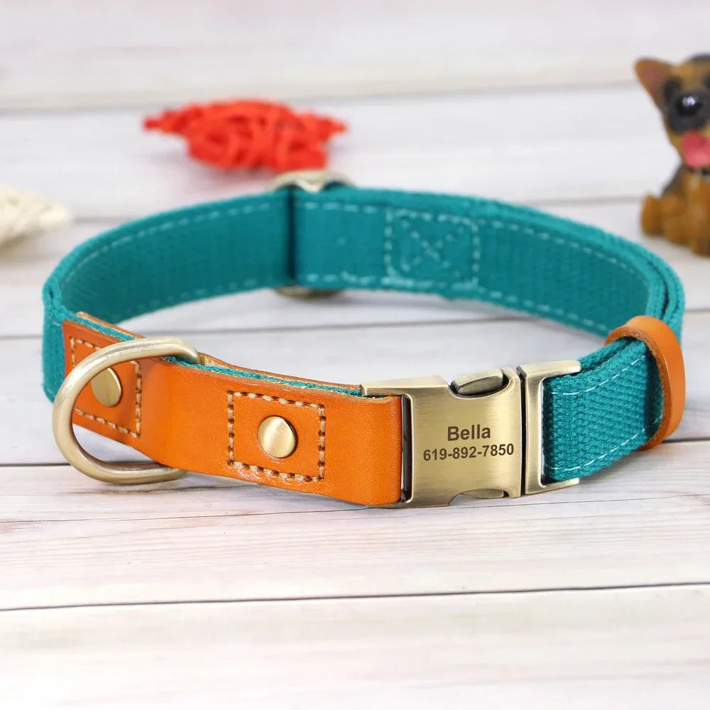 Nylon Dog Collar Leash Set With Personalized Genuine Leather Nameplate ID Tag
