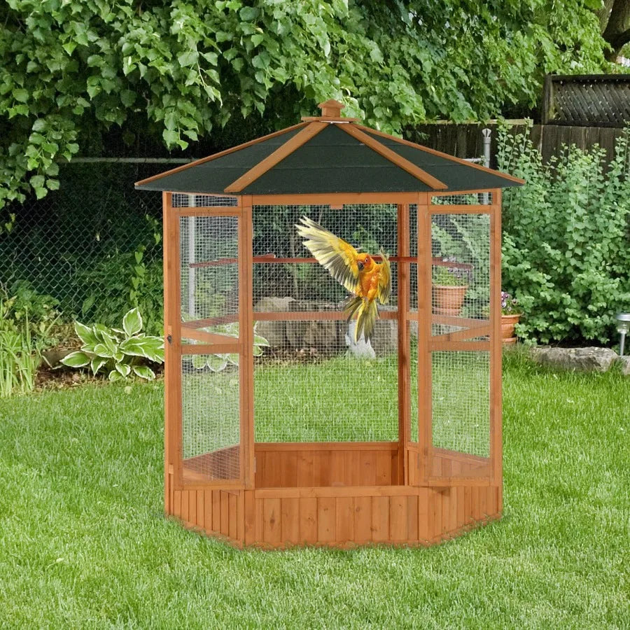 CN Guangdong Hexagonal Wooden Outdoor Aviary With Covered Roof For Backyard Birds