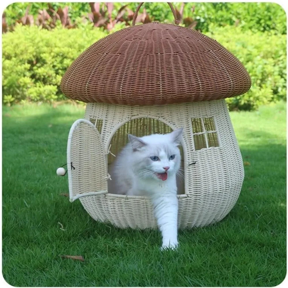 High Concerned Dual Use Pet Nest Mushroom House Raised Cat Bed For Indoor Use Hand Woven PP Rattan