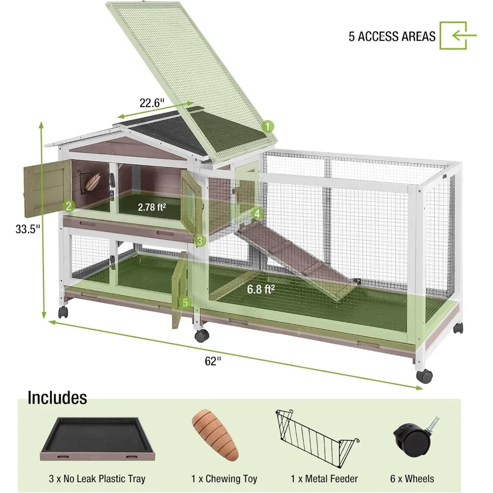Chew Resistant Indoor Rabbit Hutch With Ramp And Wheels