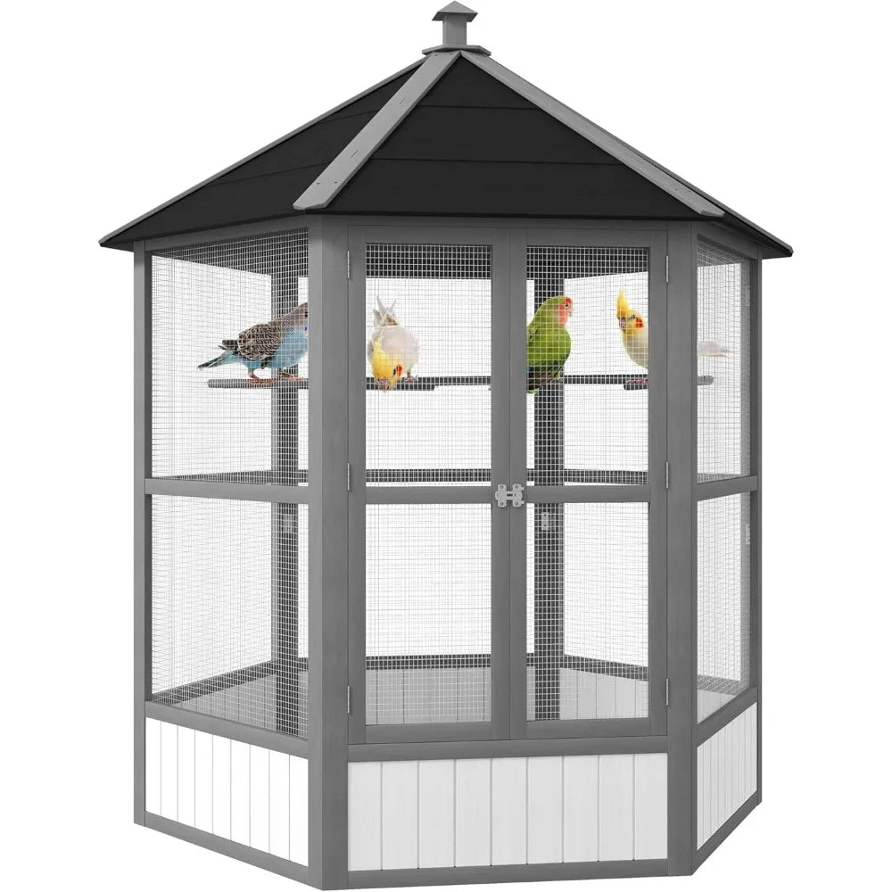 Wooden Hexagonal Outdoor Bird Aviary Cage With Covered Roof