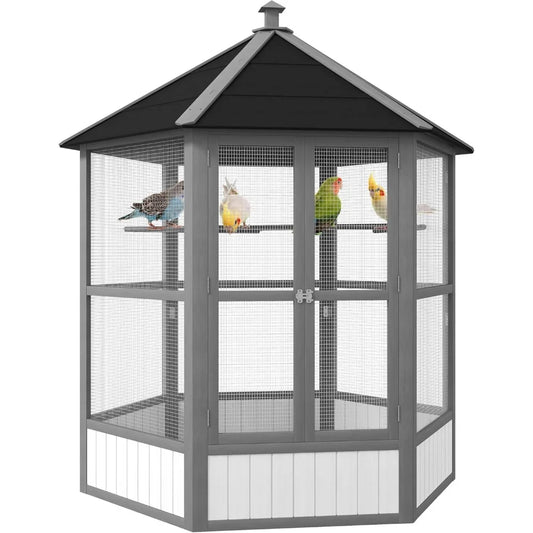 Wooden Hexagonal Outdoor Bird Aviary Cage With Covered Roof
