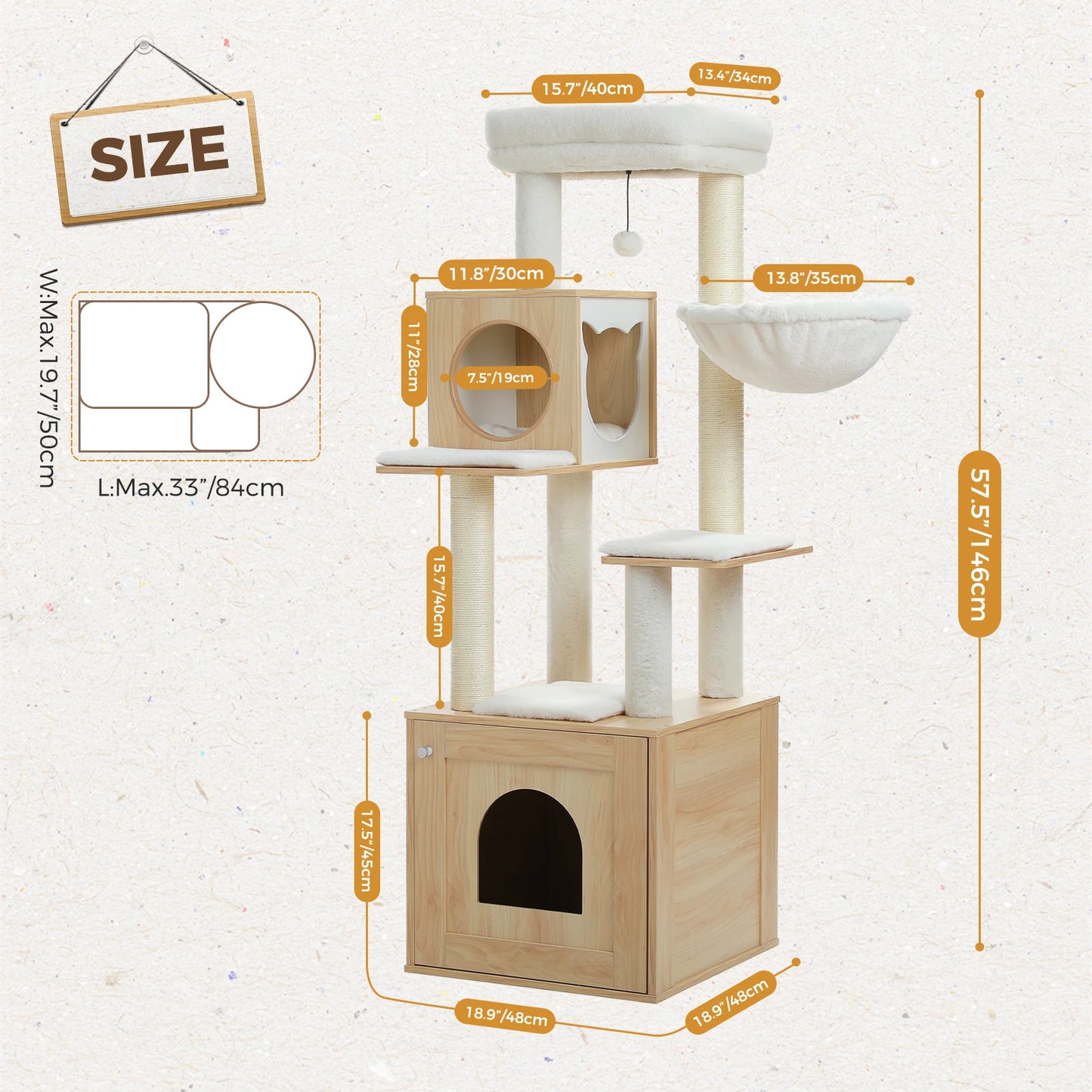 PEQULTICN Cat Tree Tower Litter Box Wood Structure With Hammock