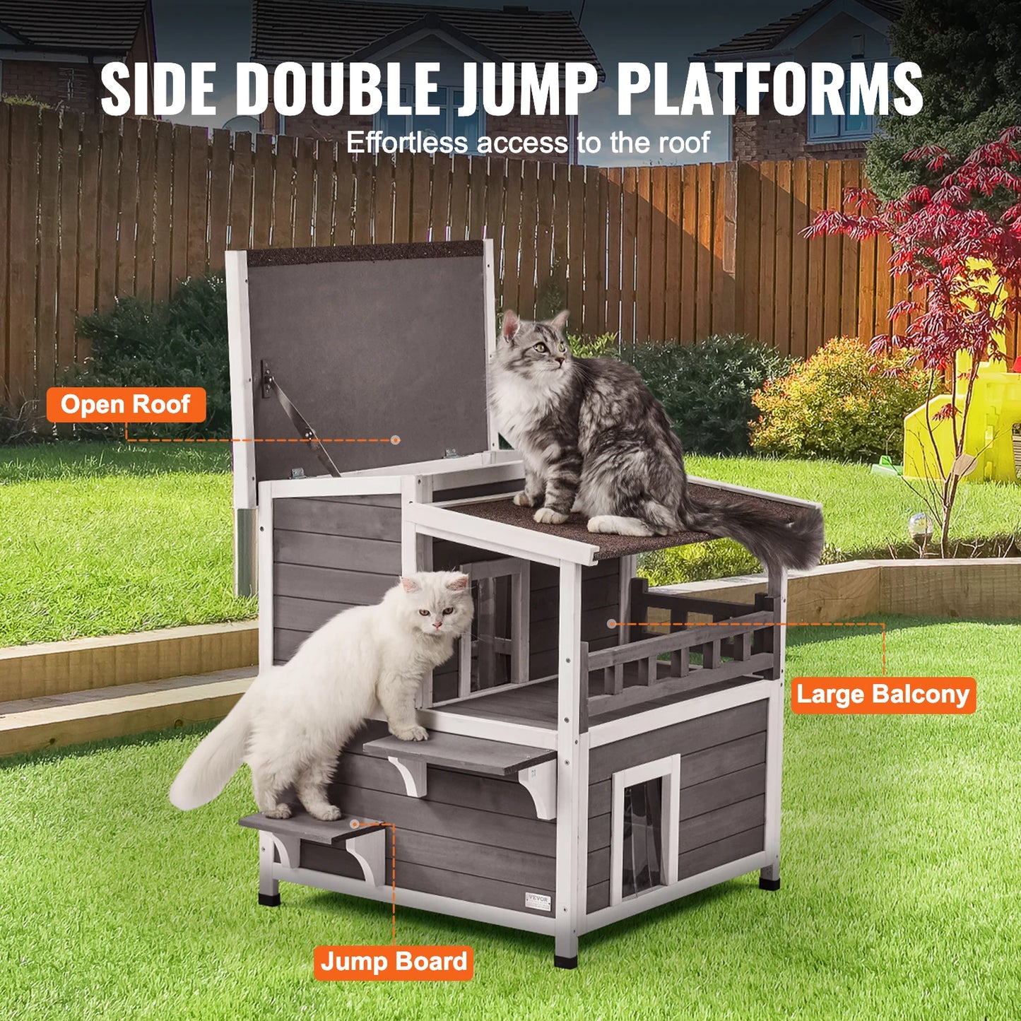 Outdoor Cedar Cat House Weatherproof Shelter With Balcony Roof