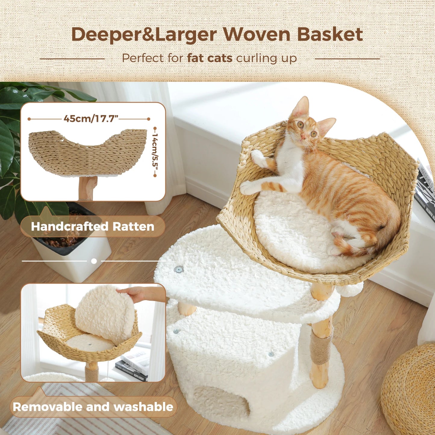 PAWZ Road Modern Cat Tree Tower With Natural Solid Wood Scratching Posts And Basket