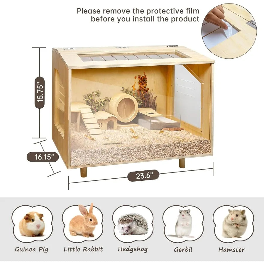 Wooden Hamster Cage With Open Top Habitat And Acrylic Pan