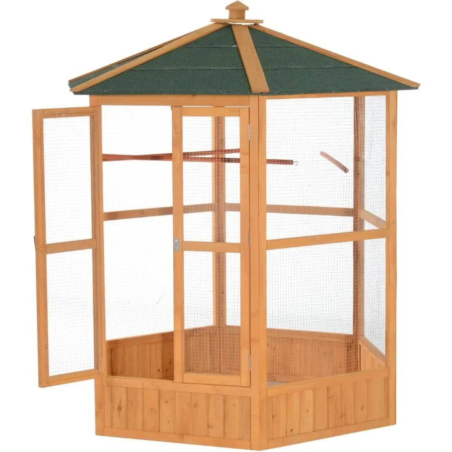 CN Guangdong Hexagonal Wooden Outdoor Aviary With Covered Roof For Backyard Birds
