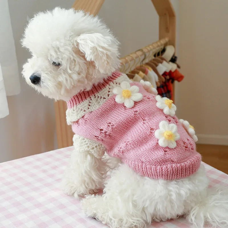 Floral Knit Dog Sweater For Dogs Warm Cozy Pet Sweater
