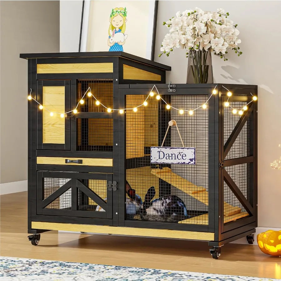 Guangdong Wooden 2 Story Rabbit Cage With Wheels And Trays