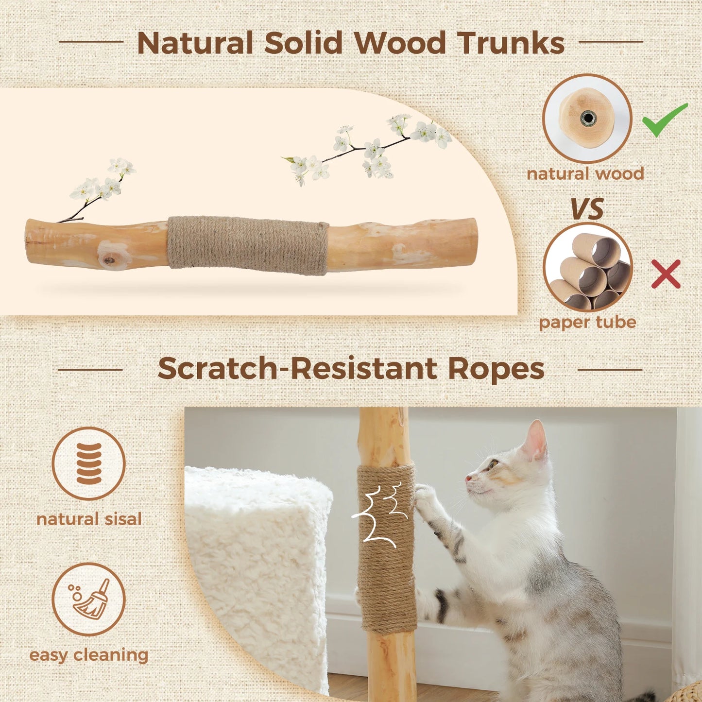 PAWZ Road Modern Cat Tree Tower With Natural Solid Wood Scratching Posts And Basket