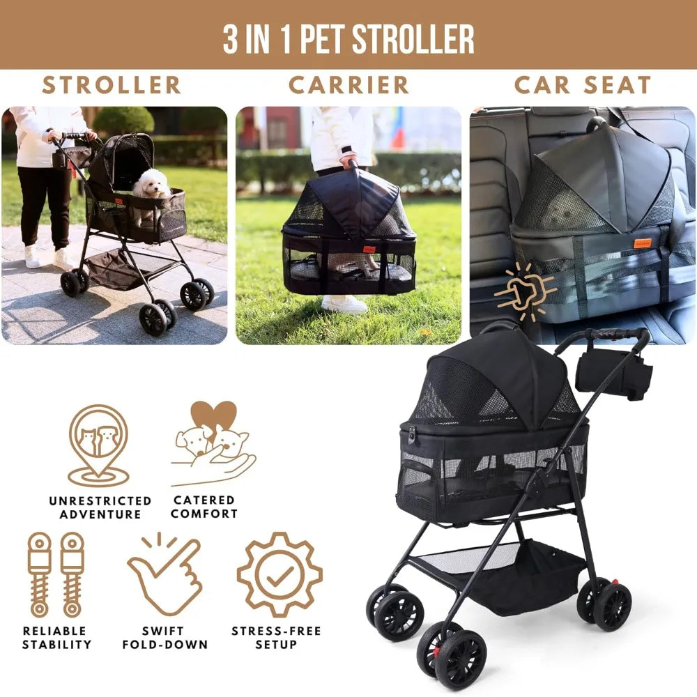 XMSJ 3-in-1 Pet Stroller Detachable Carrier Lightweight Foldable