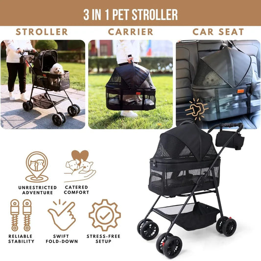 XMSJ 3-in-1 Pet Stroller Detachable Carrier Lightweight Foldable