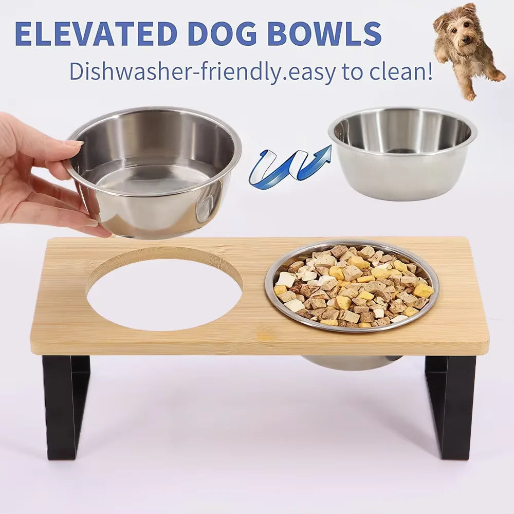 Elevated Tilted Cat Bowls With Wooden Stand And Stainless Steel Bowls