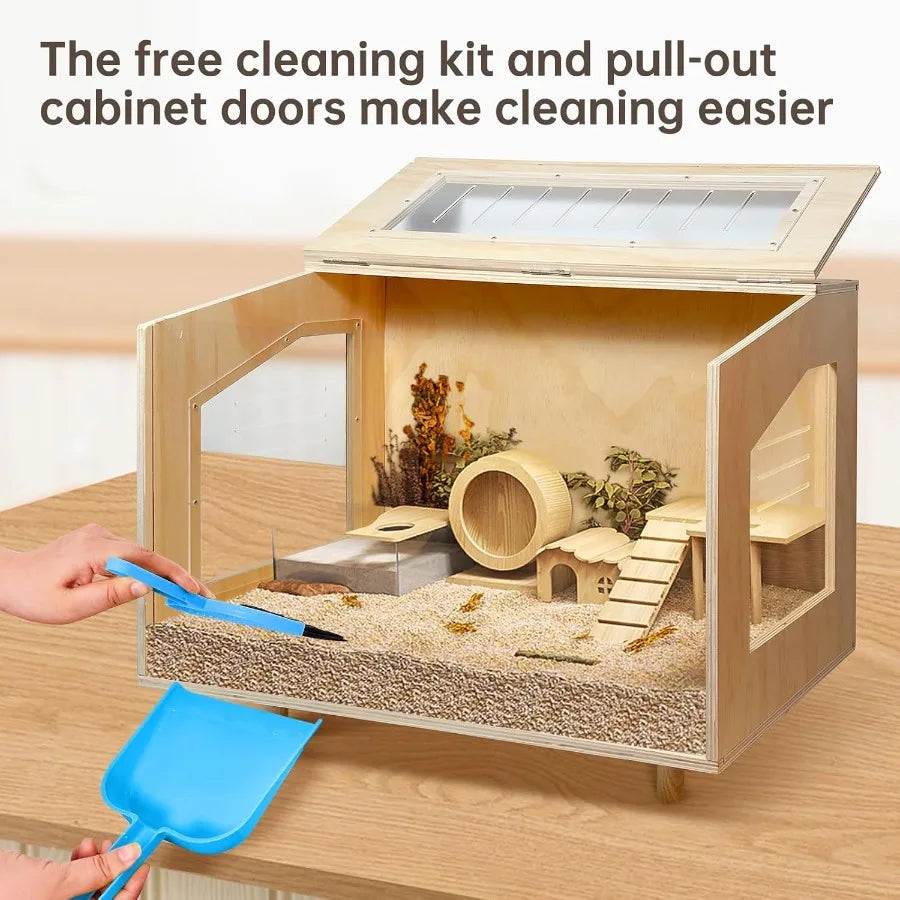 Wooden Hamster Cage With Open Top Habitat And Acrylic Pan