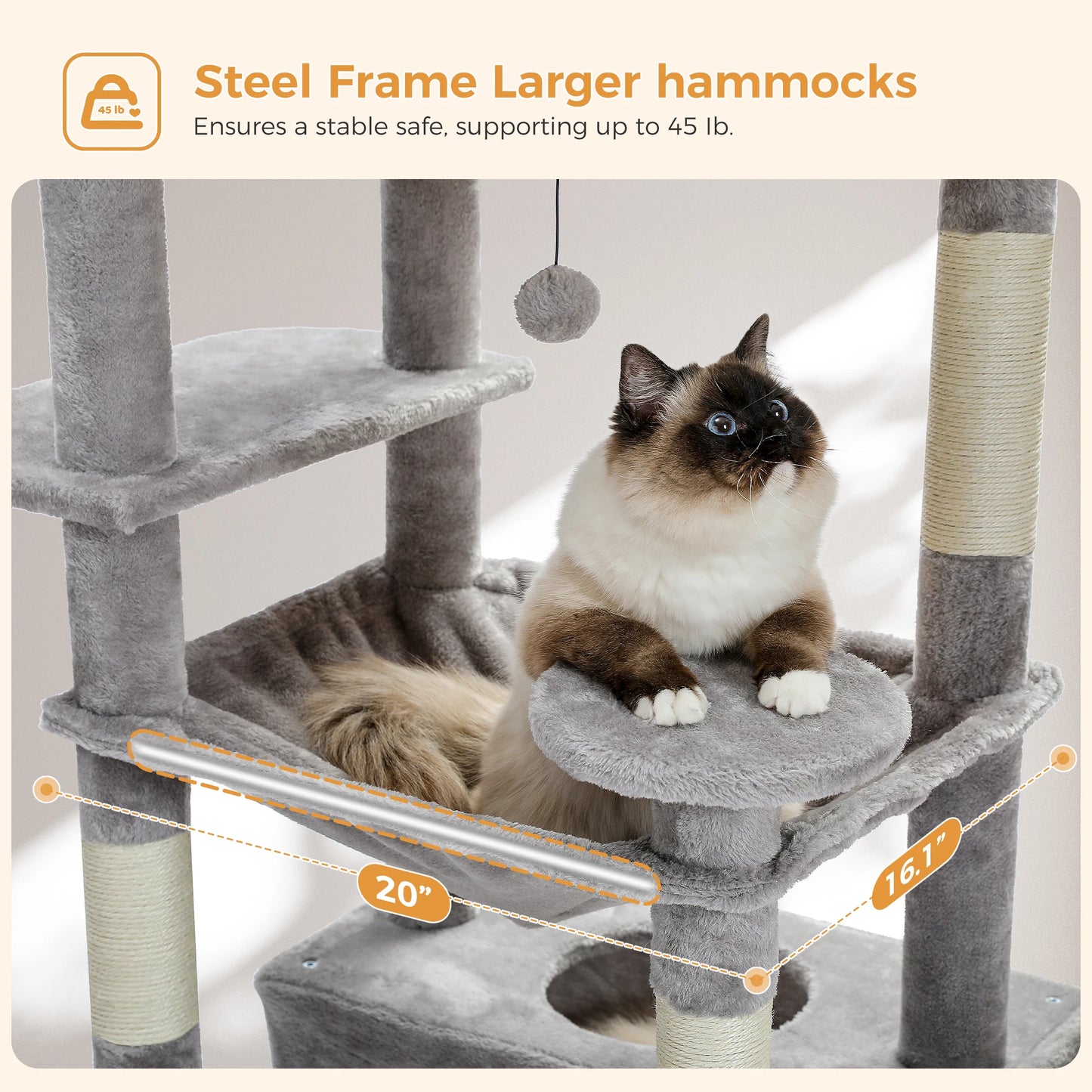 PEQULTI Multi Level Cat Tree Tower Scratching Posts Hammock Condo
