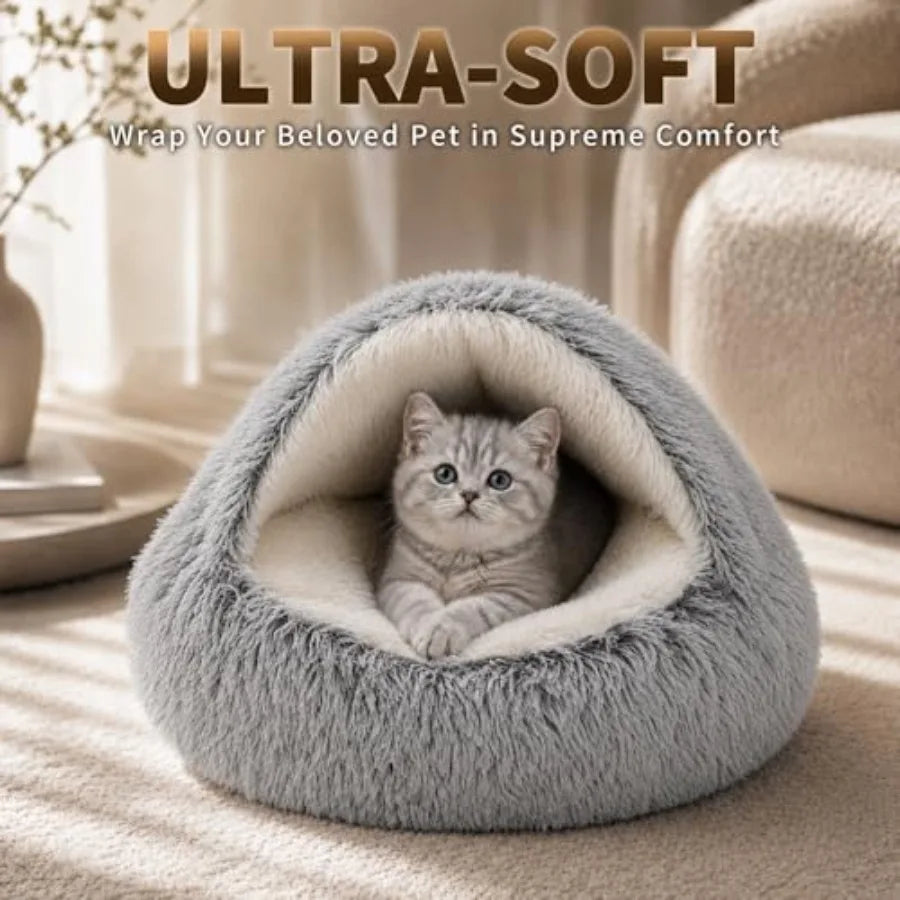 Round Plush Hooded Cat Bed Cave Cozy Suede Indoor Pet