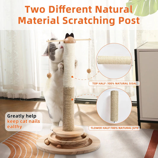 Interactive Cat Scratching Post With 2 Tier Ball Track And Hanging Feathers