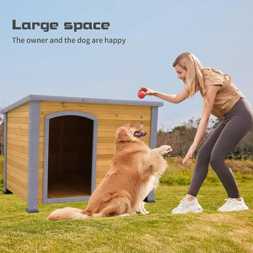 Outdoor Weatherproof Wooden Dog House Kennel for Large Dogs Indoor Outdoor Shelter
