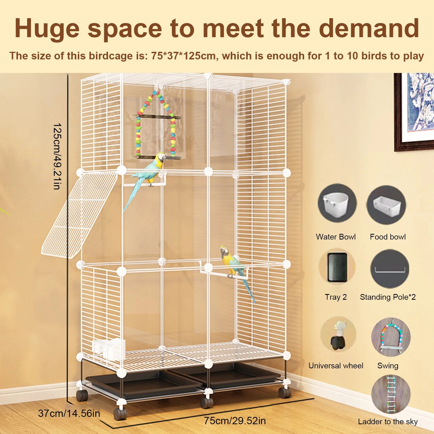 Large Bird Cage Multi Level Aviary With Removable Tray Parrot
