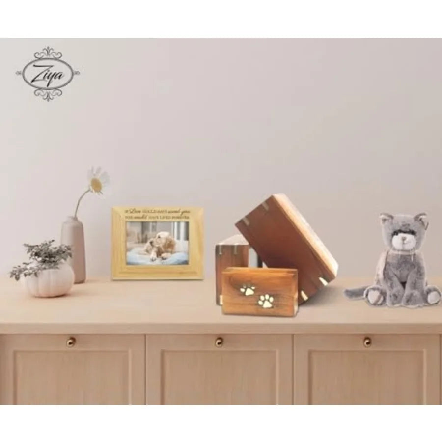 Wooden Cremation Pet Urn Brass Paws Inlaid Memorial Box