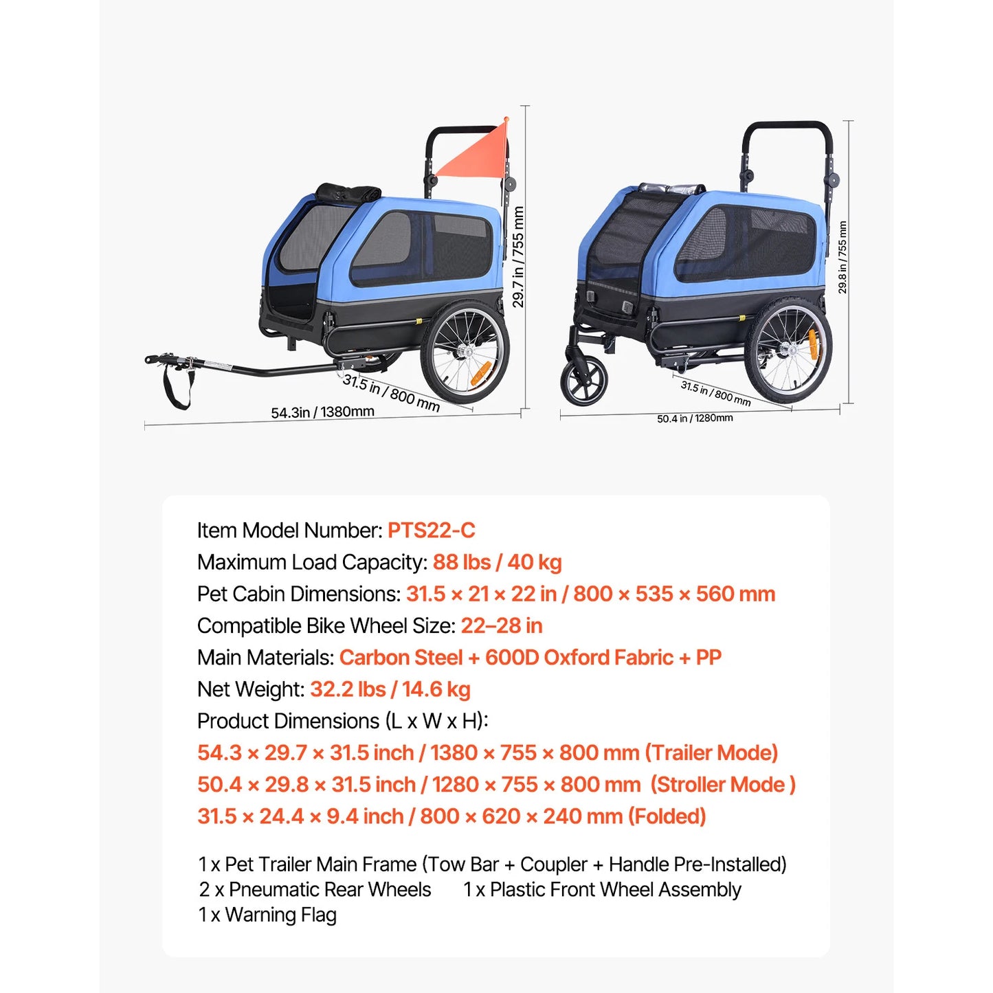 Dog Bike Trailer 2in1 Pet Stroller Carrier 88 Lbs Durable