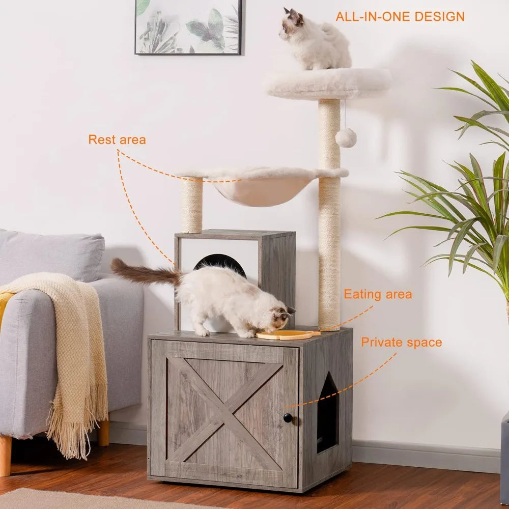 XMSJ All-In-One Cat Tree With Litter Box Enclosure And Food Station