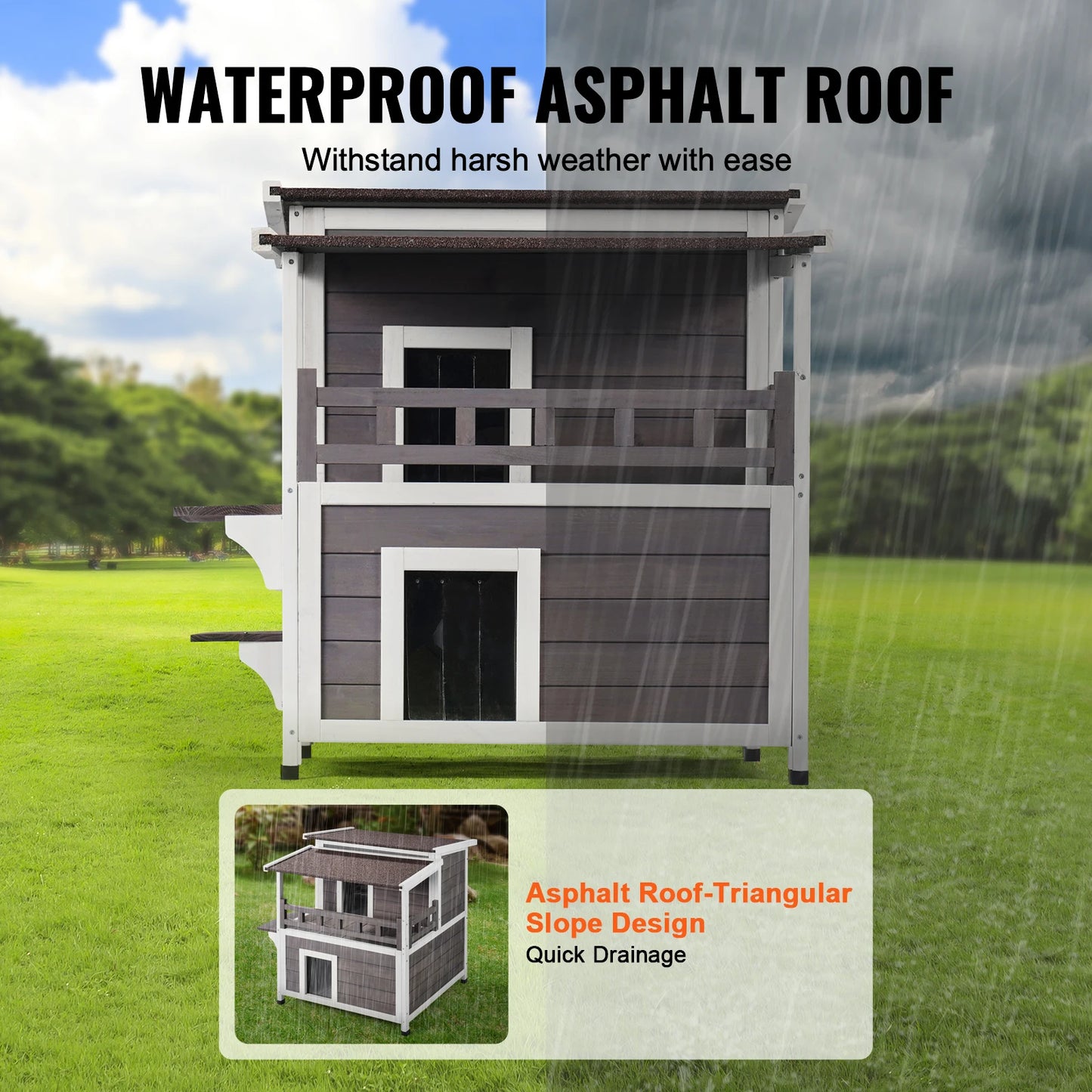 Outdoor Cedar Cat House Weatherproof Shelter With Balcony Roof