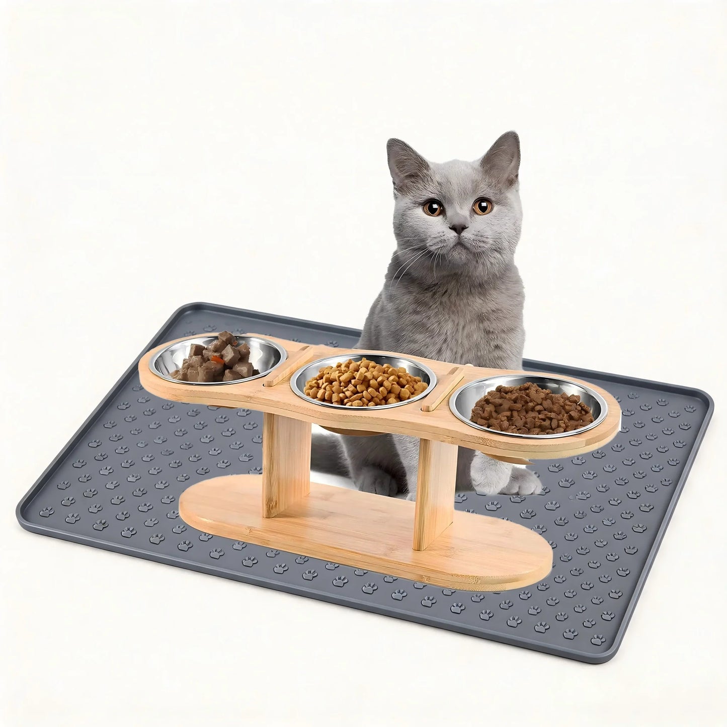 Cat Raised Feeder With Tilted Wood Stand Three Bowls