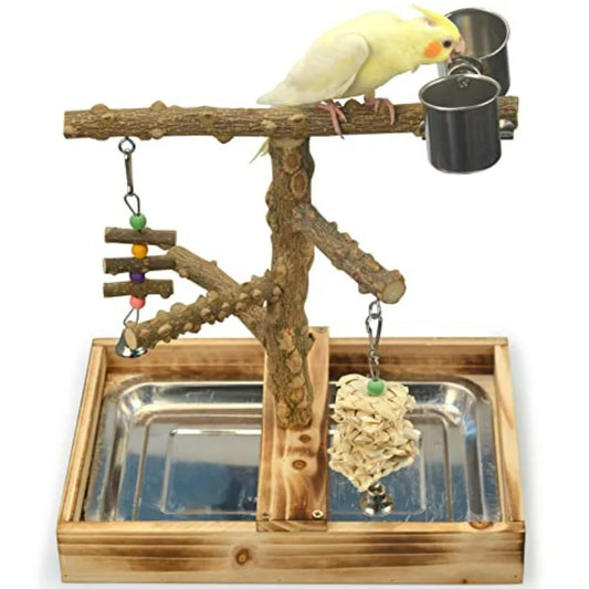 Natural Wood Bird Playground With Perches Stainless Steel Cups