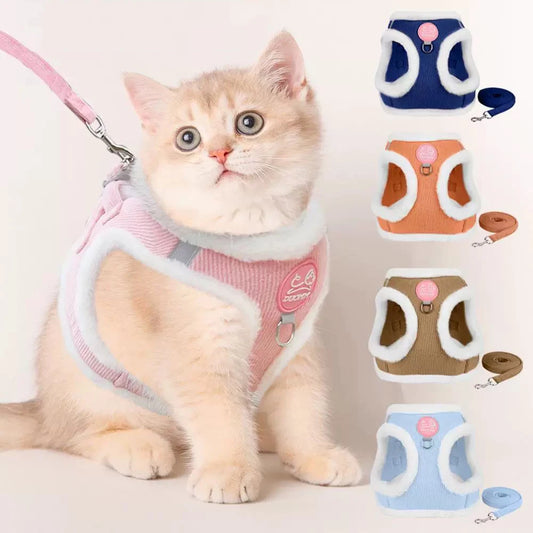 Sphynx Cat Harness Vest With Fur Winter Warm Leash Set