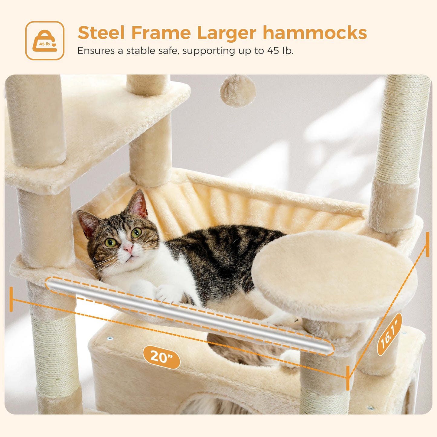 PEQULTI Multi Level Cat Tree Tower Scratching Posts Hammock Condo