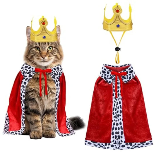 Cat King Costume With Velvet Cloak And Golden Crown Set